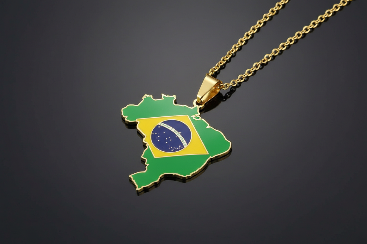 Brazil-shaped pendant with flag colors on a gold chain