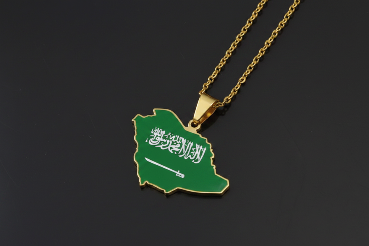 Saudi Arabia-shaped pendant with flag colors on a gold chain