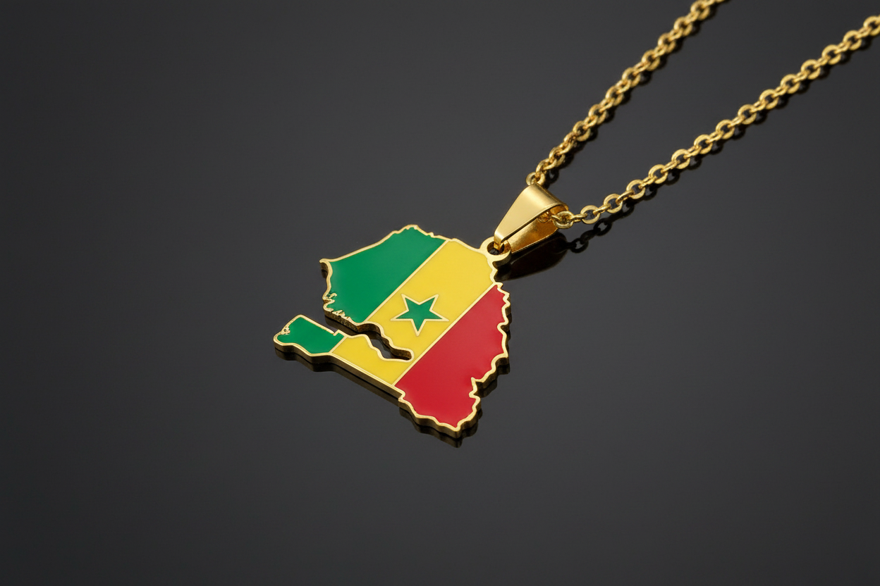 Senegal-shaped pendant with flag colors on a gold chain