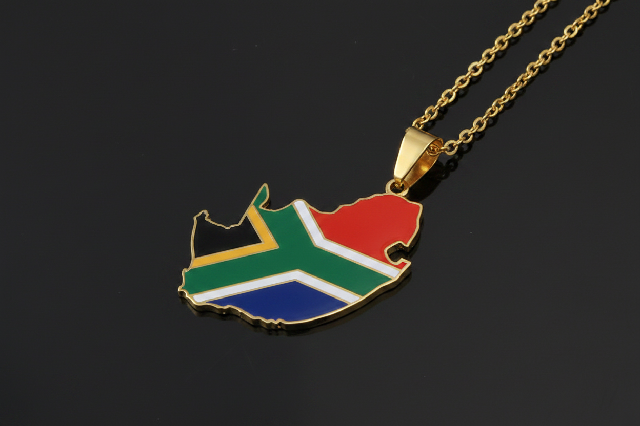 South Africa-shaped pendant with flag colors on a gold chain