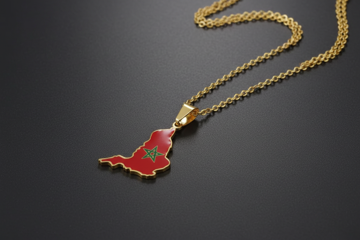 Morocco-shaped pendant with flag colors on a gold chain