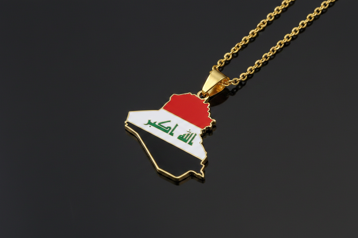 Iraq-shaped pendant with flag colors on a gold chain