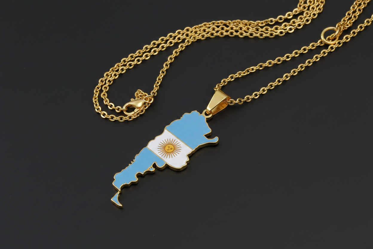 Argentina-shaped pendant with flag colors on a gold chain