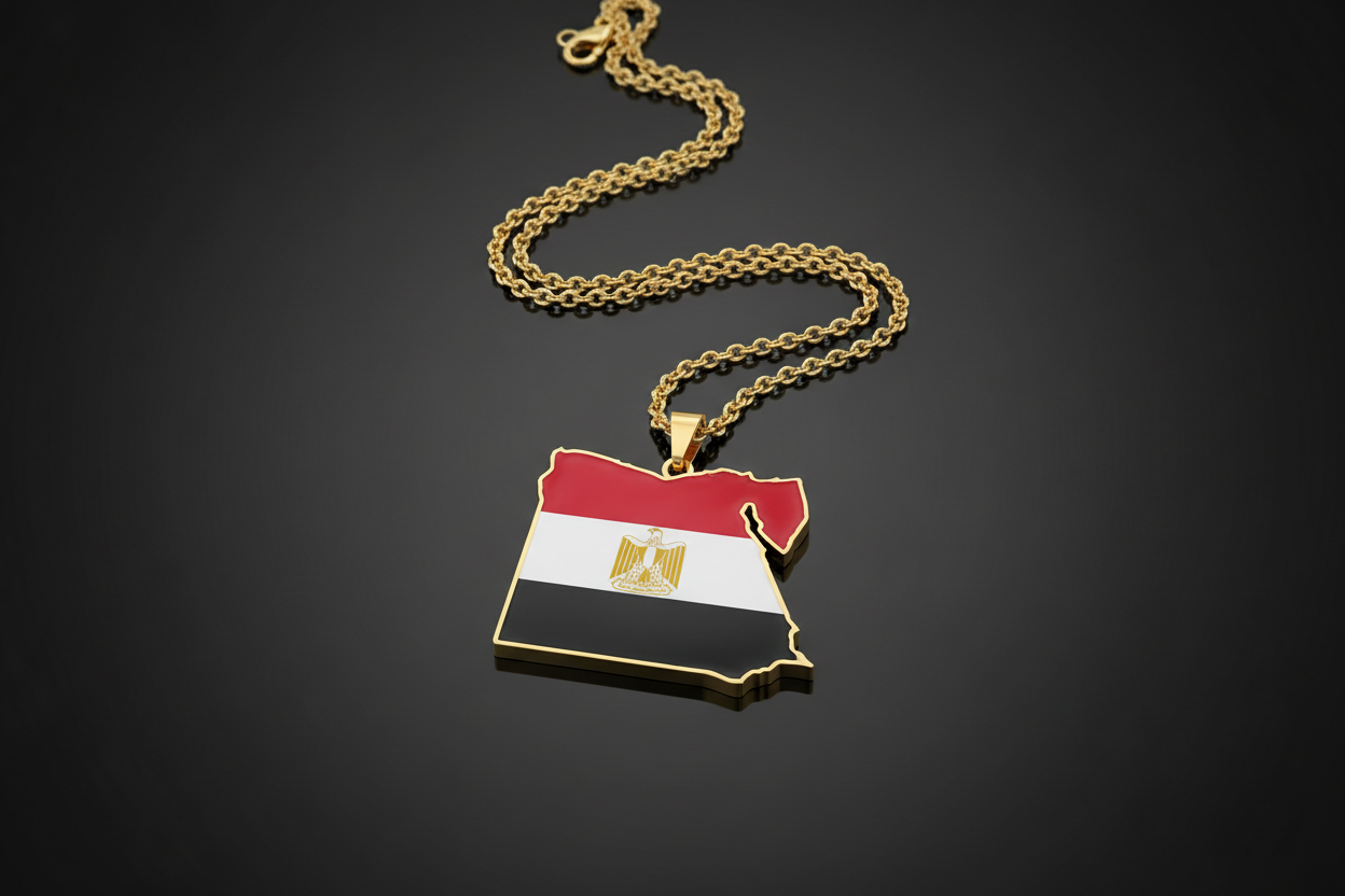 Egypt-shaped pendant with flag colors on a gold chain