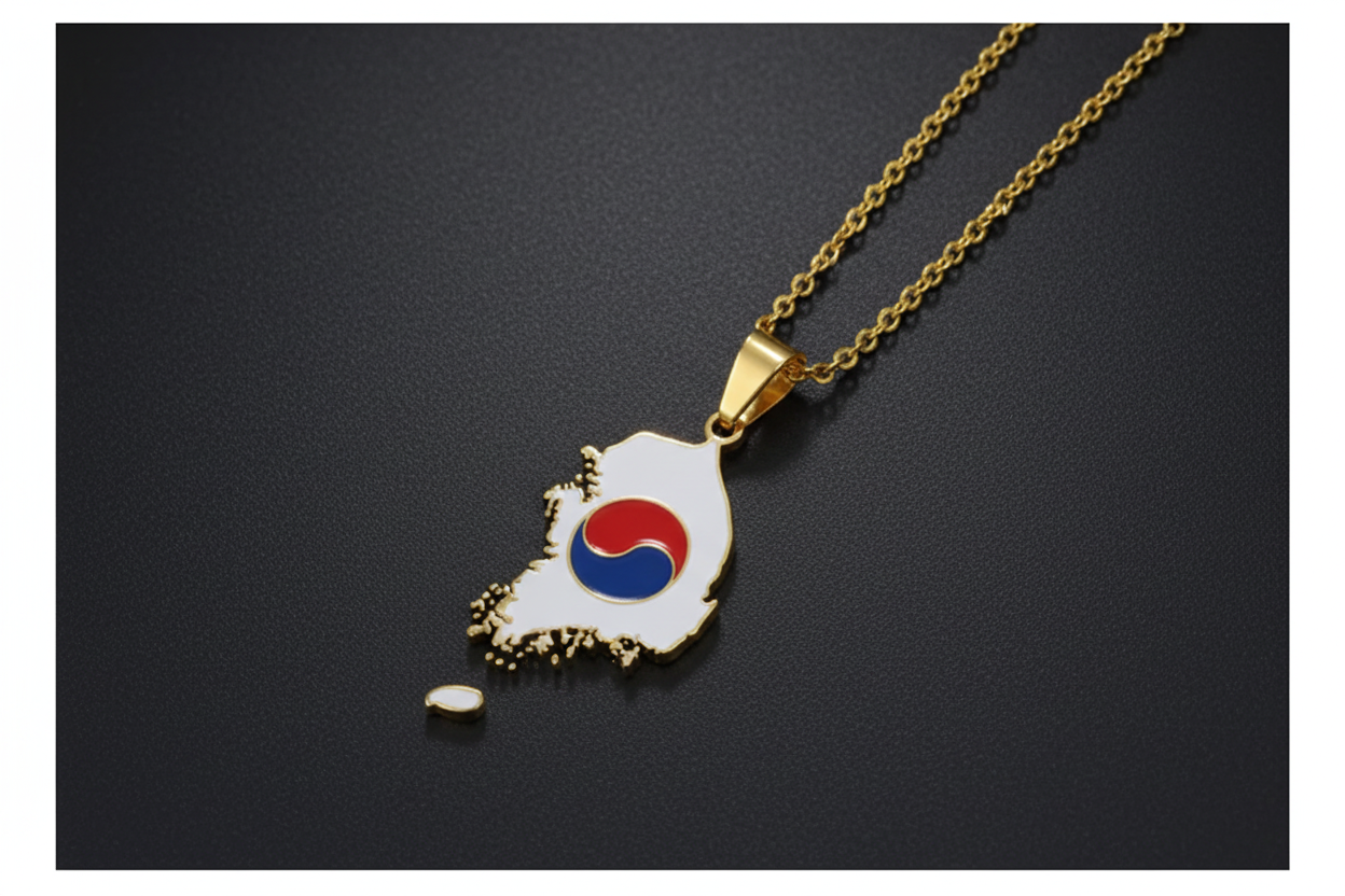 South Korea-shaped pendant with flag colors on a gold chain