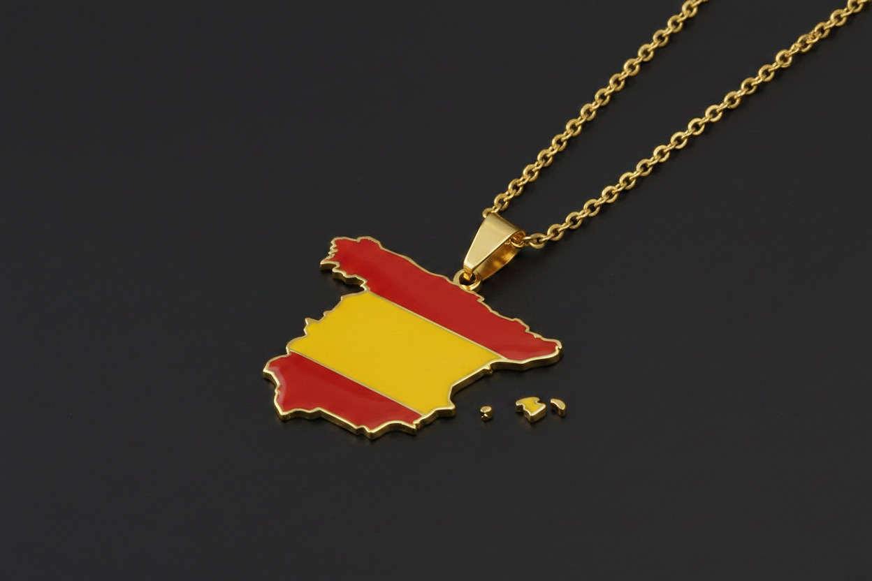 Spain-shaped pendant with flag colors on a gold chain