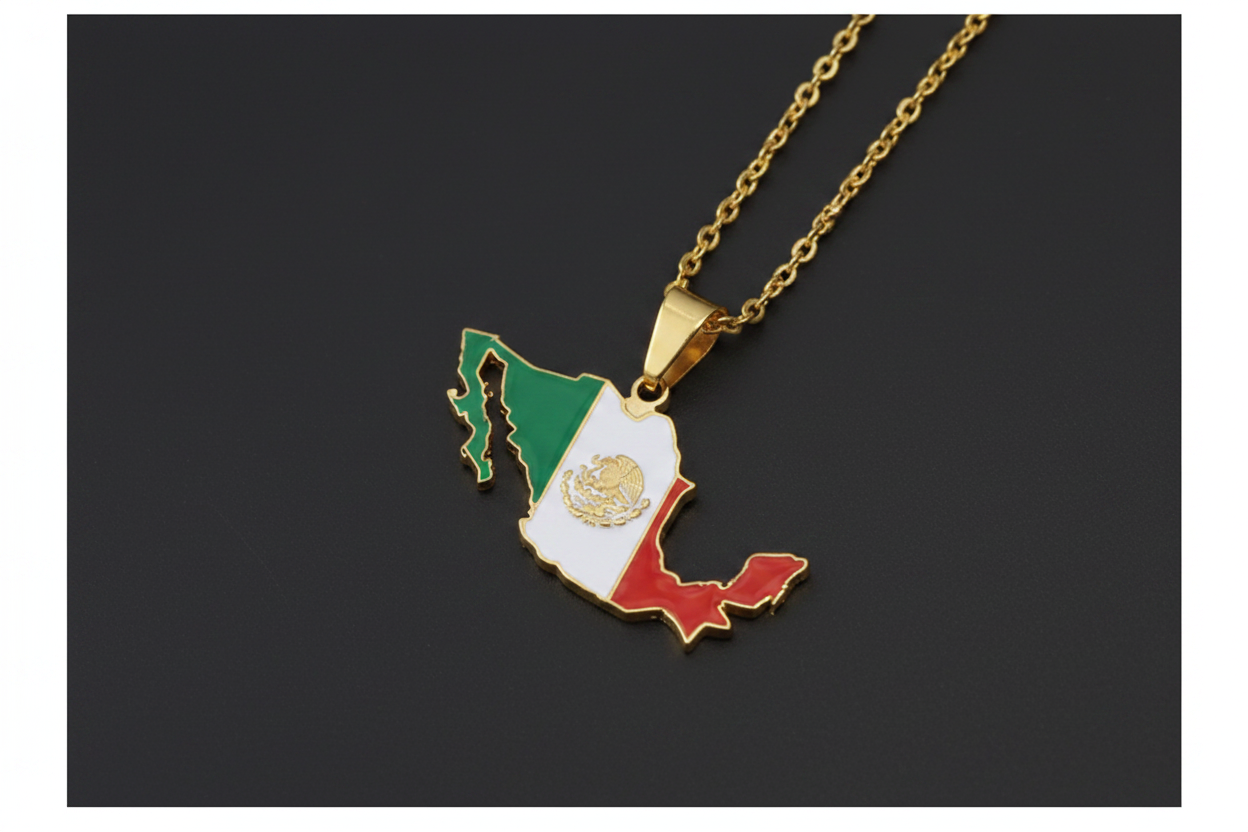 Mexico-shaped pendant with flag colors on a gold chain